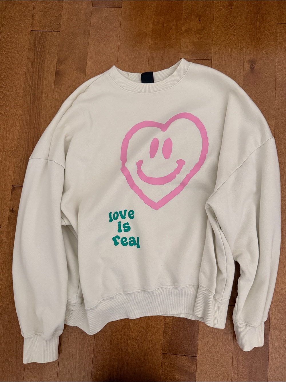 PacSun Cream Crewneck Sweatshirt with Pink Heart Graphic